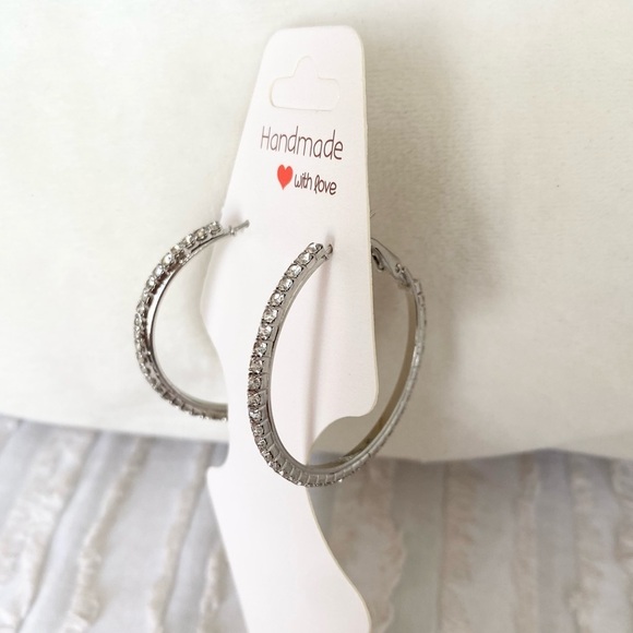 Rhinestone Diamond Hoop Sparkly Silver Earrings New - Picture 3 of 5